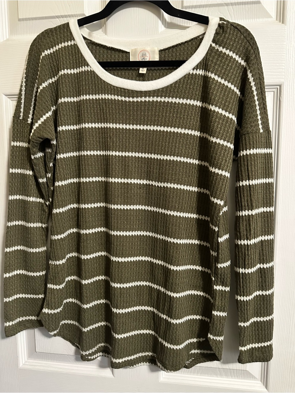 Olive Green & White Striped Waffle Scoopneck Top